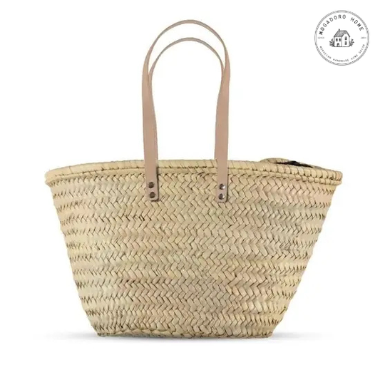 French Market Basket - Straw Shopping Bag with Leather Handles