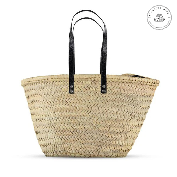 French Market Basket - Straw Shopping Bag with Leather Handles
