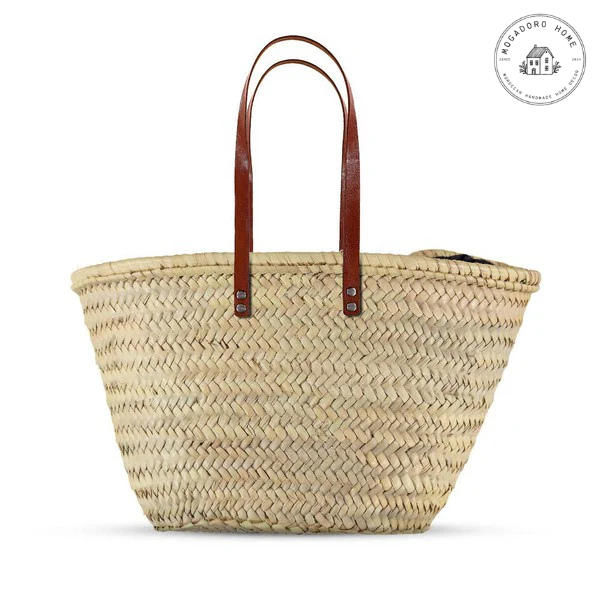 French Market Basket - Straw Shopping Bag with Leather Handles