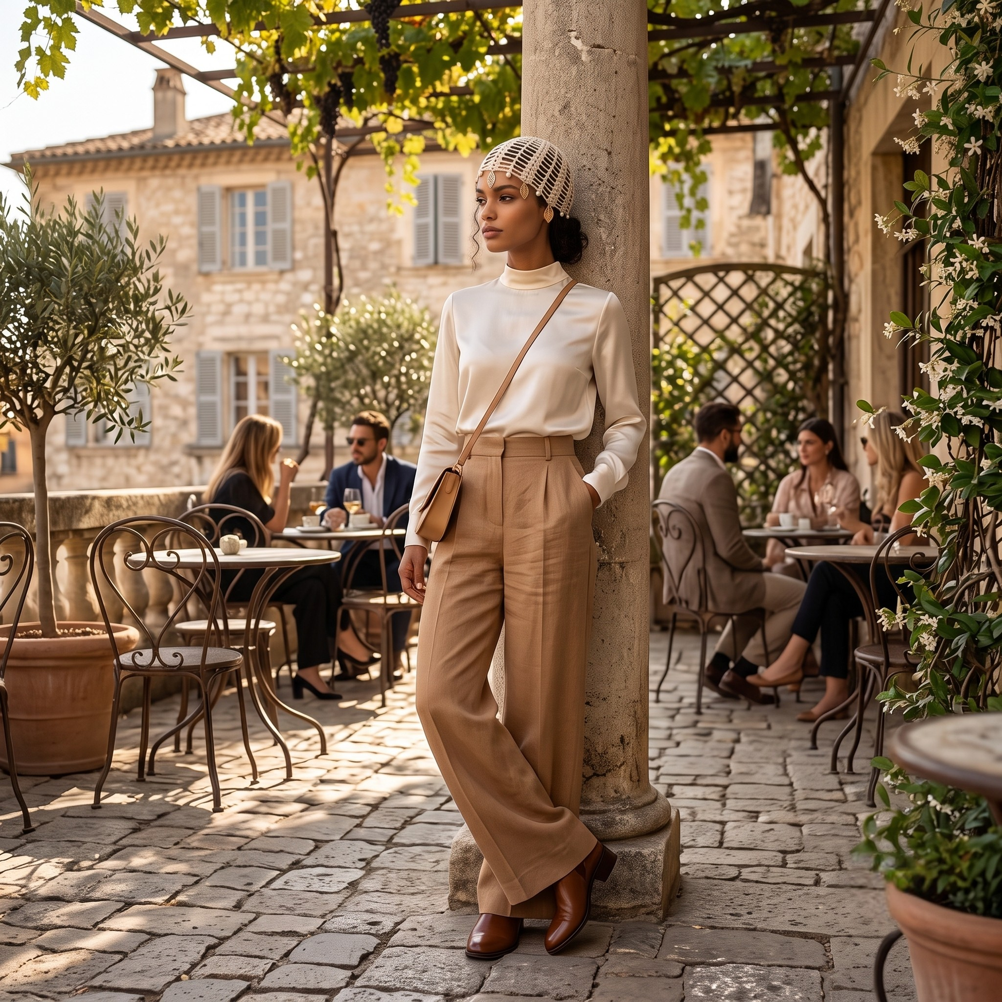 A woman stands at an outdoor vineyard cafe wearing a cream mock-neck top, tan wide-leg trousers, a beige headscarf, and brown leather shoes, with a small brown crossbody bag.