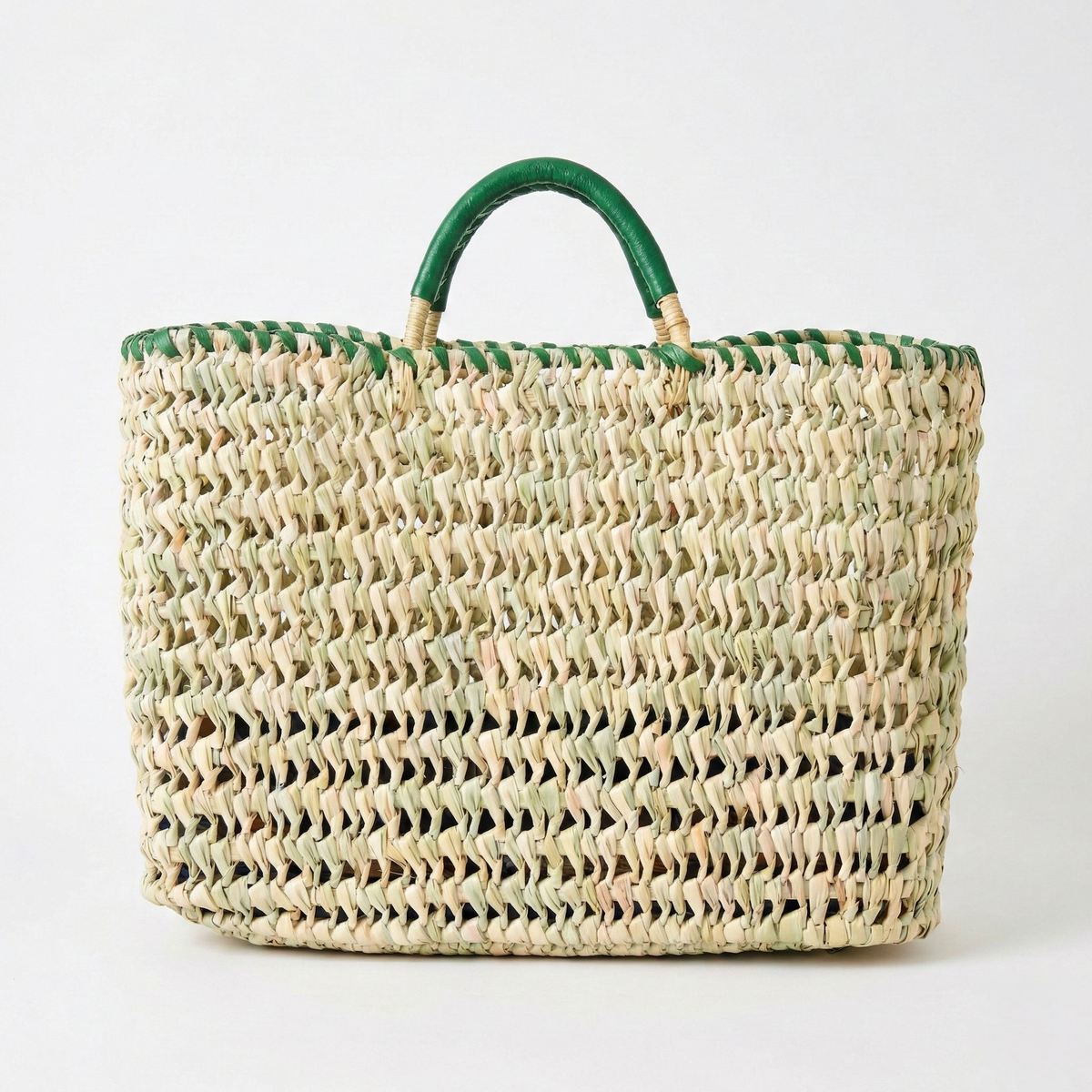 Leather-Trim Straw Market Basket – The Shukran, Green