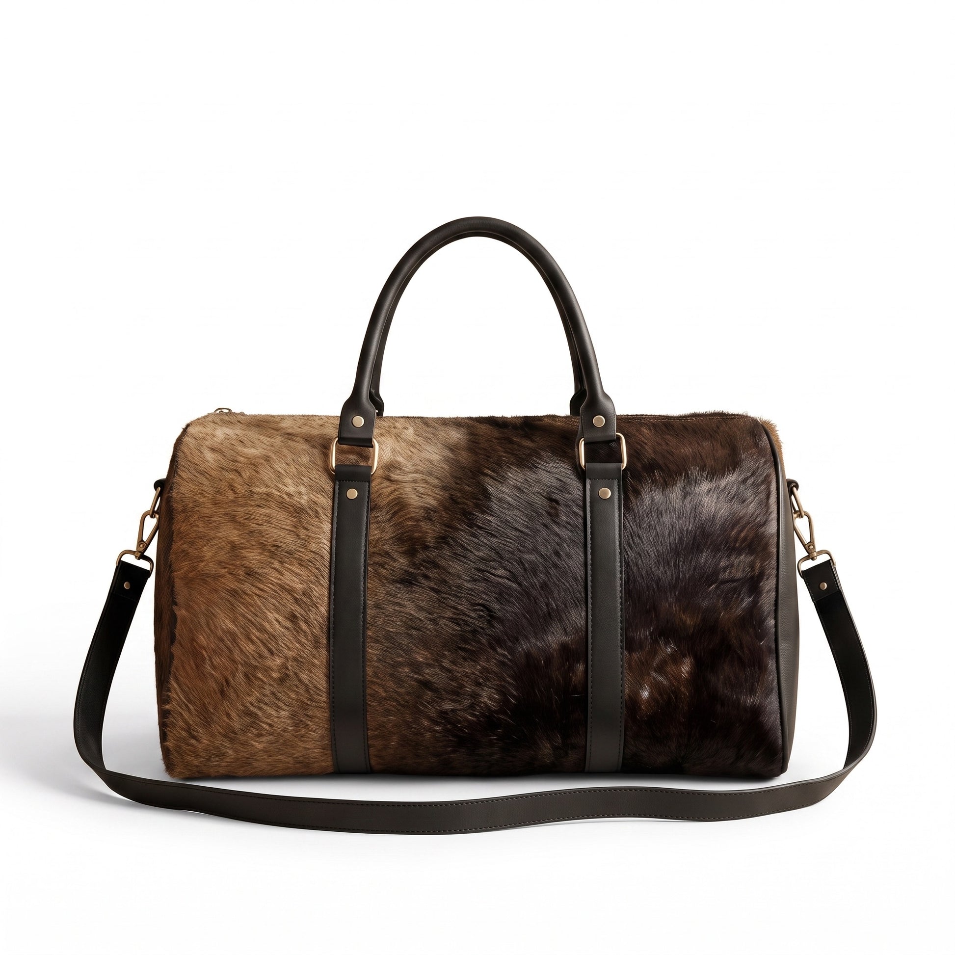 Handmade brindle brown cowhide leather duffle bag with dark espresso leather trim, detachable shoulder strap and silver hardware, Moroccan weekender