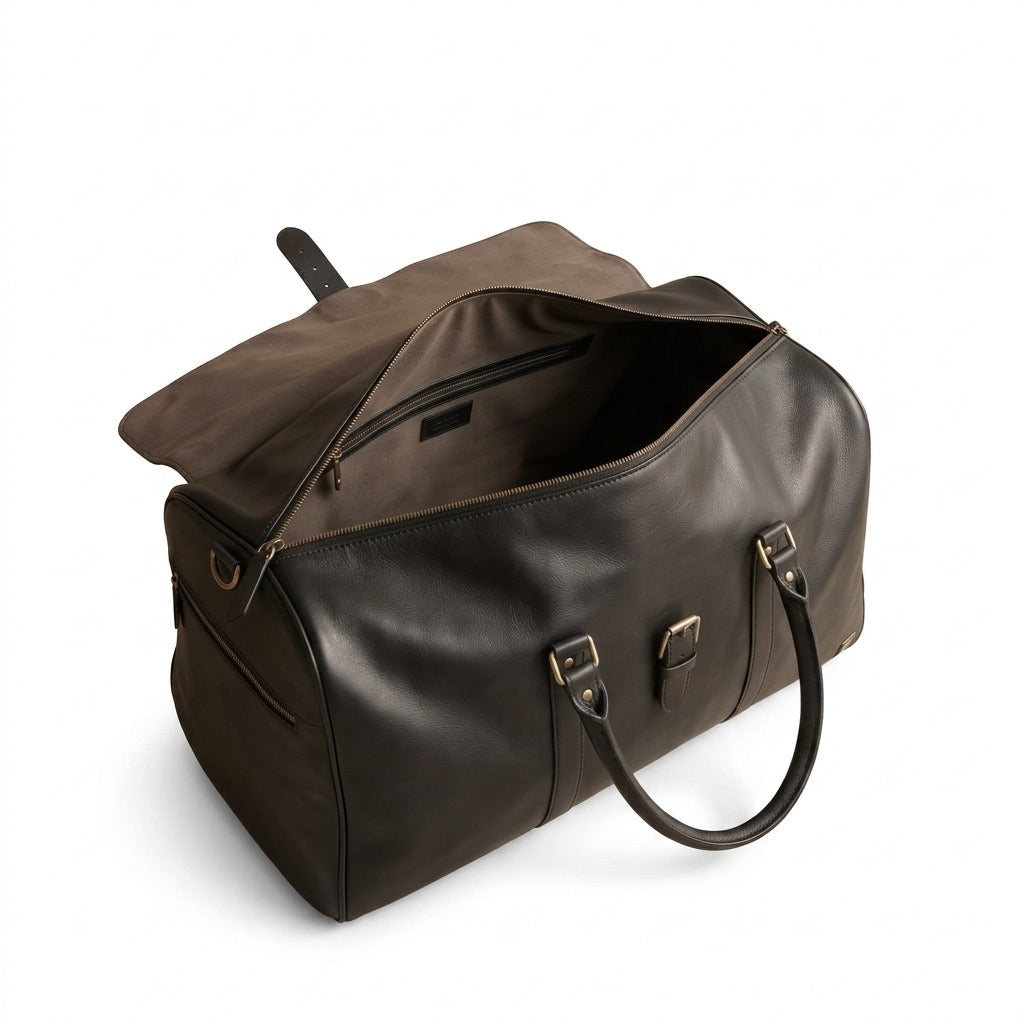 The Tangier Duffle — Black Leather Flap-Top Weekender