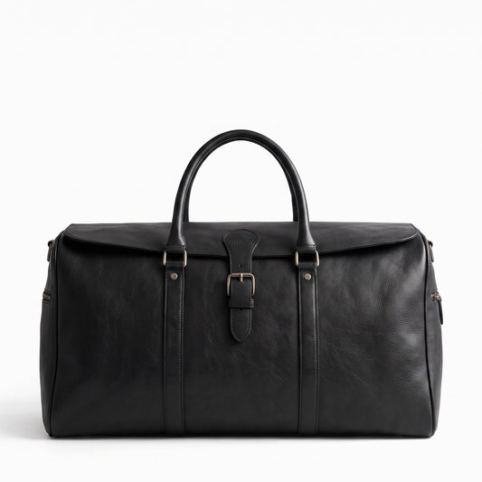 The Tangier Duffle — Black Leather Flap-Top Weekender