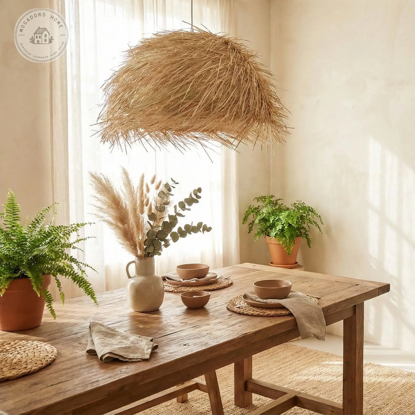 Wooden dining table with rustic decor in a bright room