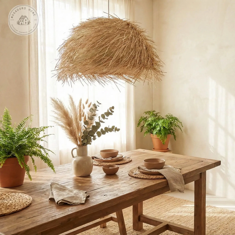 Wooden dining table with rustic decor in a bright room