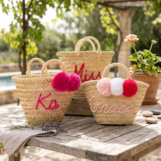 Personalized Mini Straw Basket with Pompoms