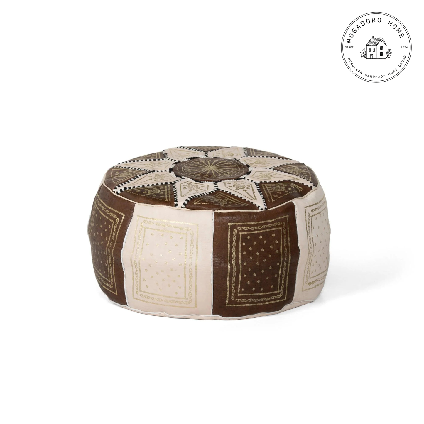 Round brown Moroccan leather pouf with hand-embroidered eight-point star on a white background