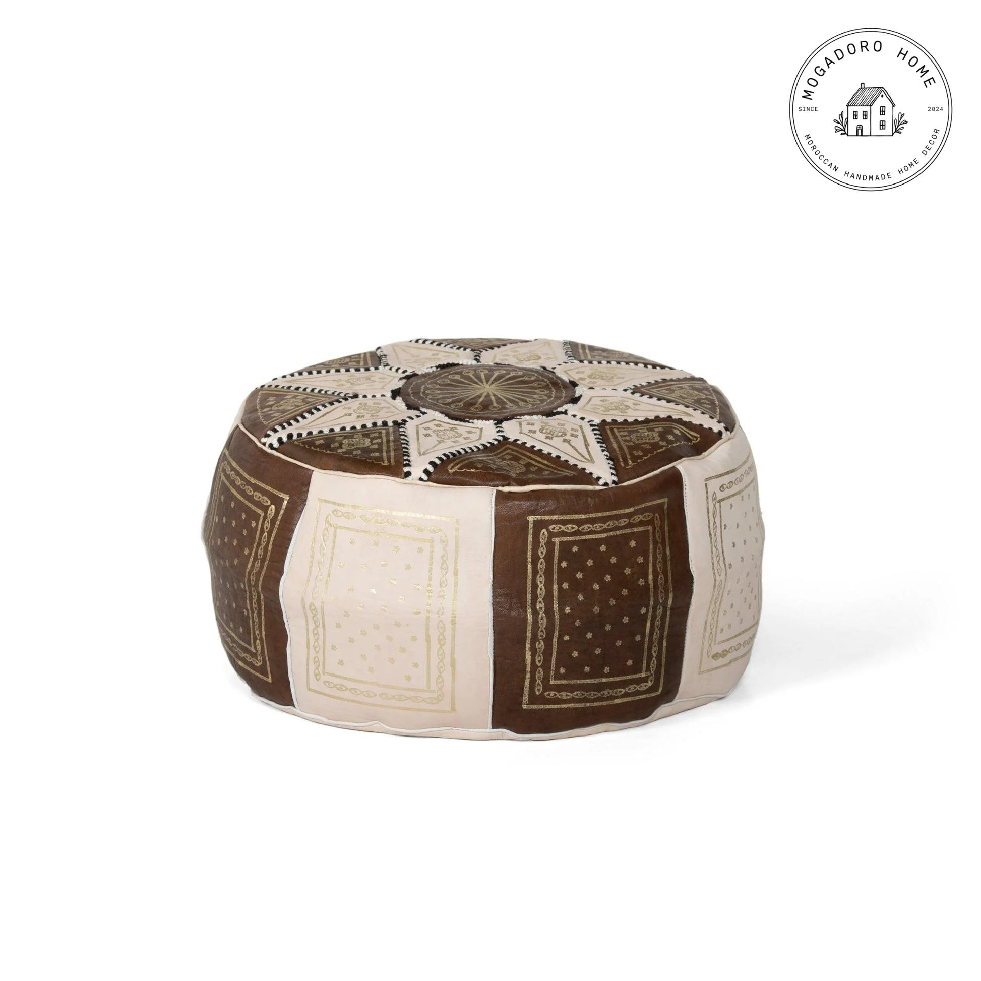Round brown Moroccan leather pouf with hand-embroidered eight-point star on a white background