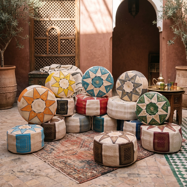 Decorative poufs with geometric patterns on a textured floor.