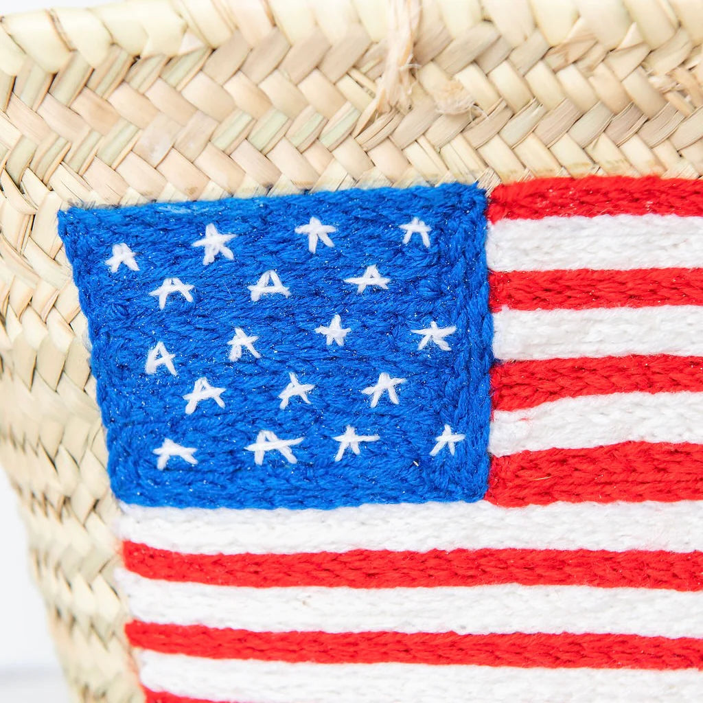 The Liberty Basket — Hand-Embroidered American Flag Straw Tote