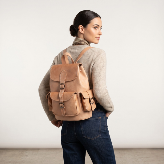 Woman wearing a brown leather backpack against a plain background
