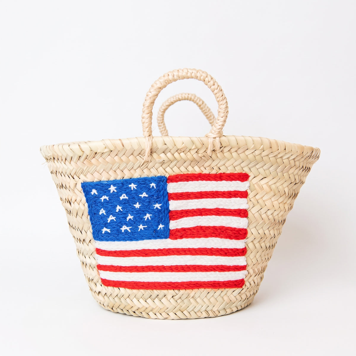 The Liberty Basket — Hand-Embroidered American Flag Straw Tote