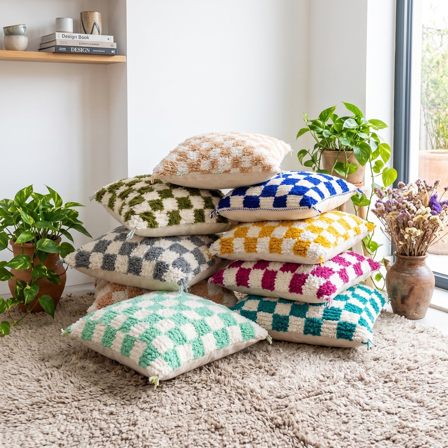 Colorful patterned pillows on a carpeted floor with plants and books in the background