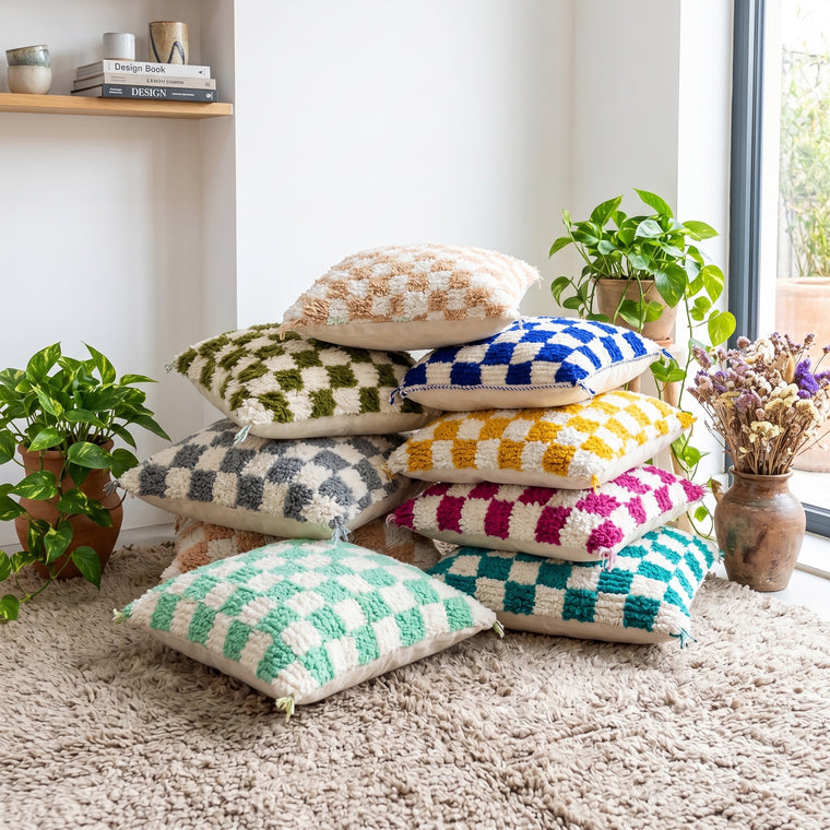 Colorful patterned pillows on a carpeted floor with plants and books in the background