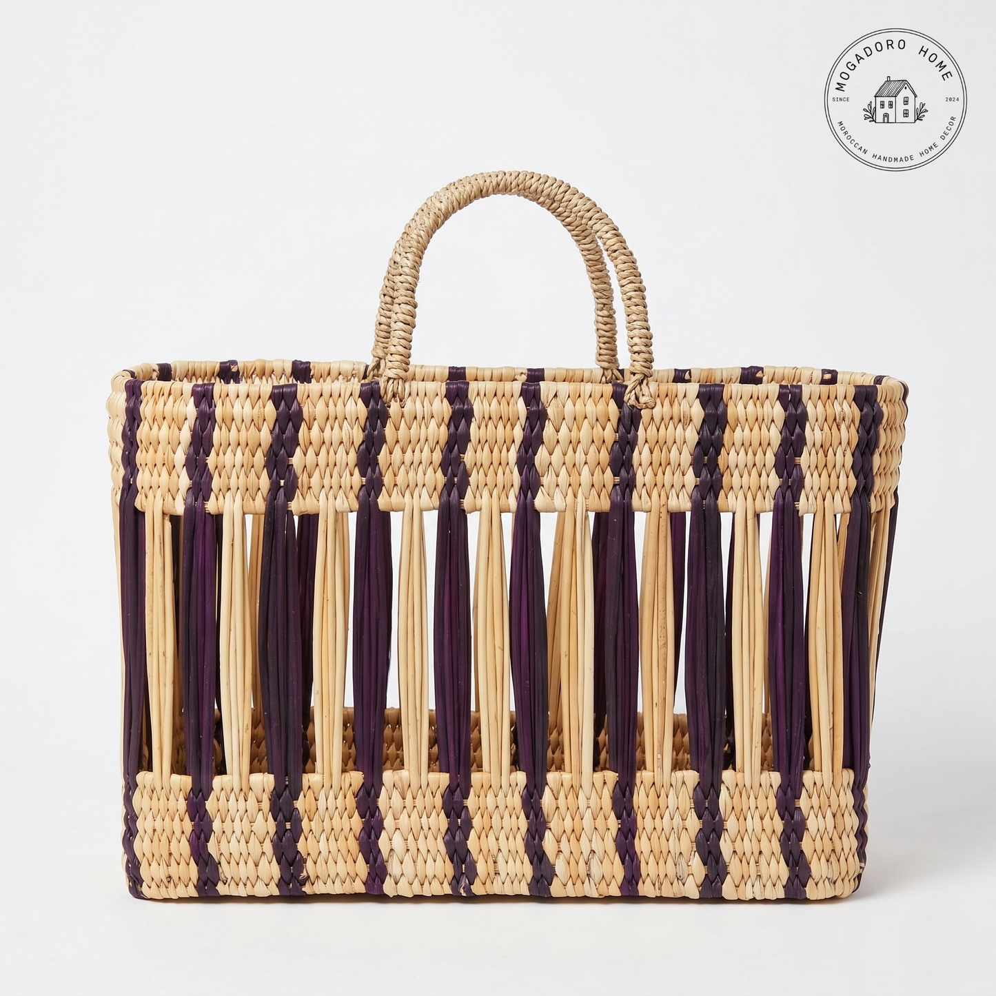 Colorful Striped Open Weave Rattan Market Basket