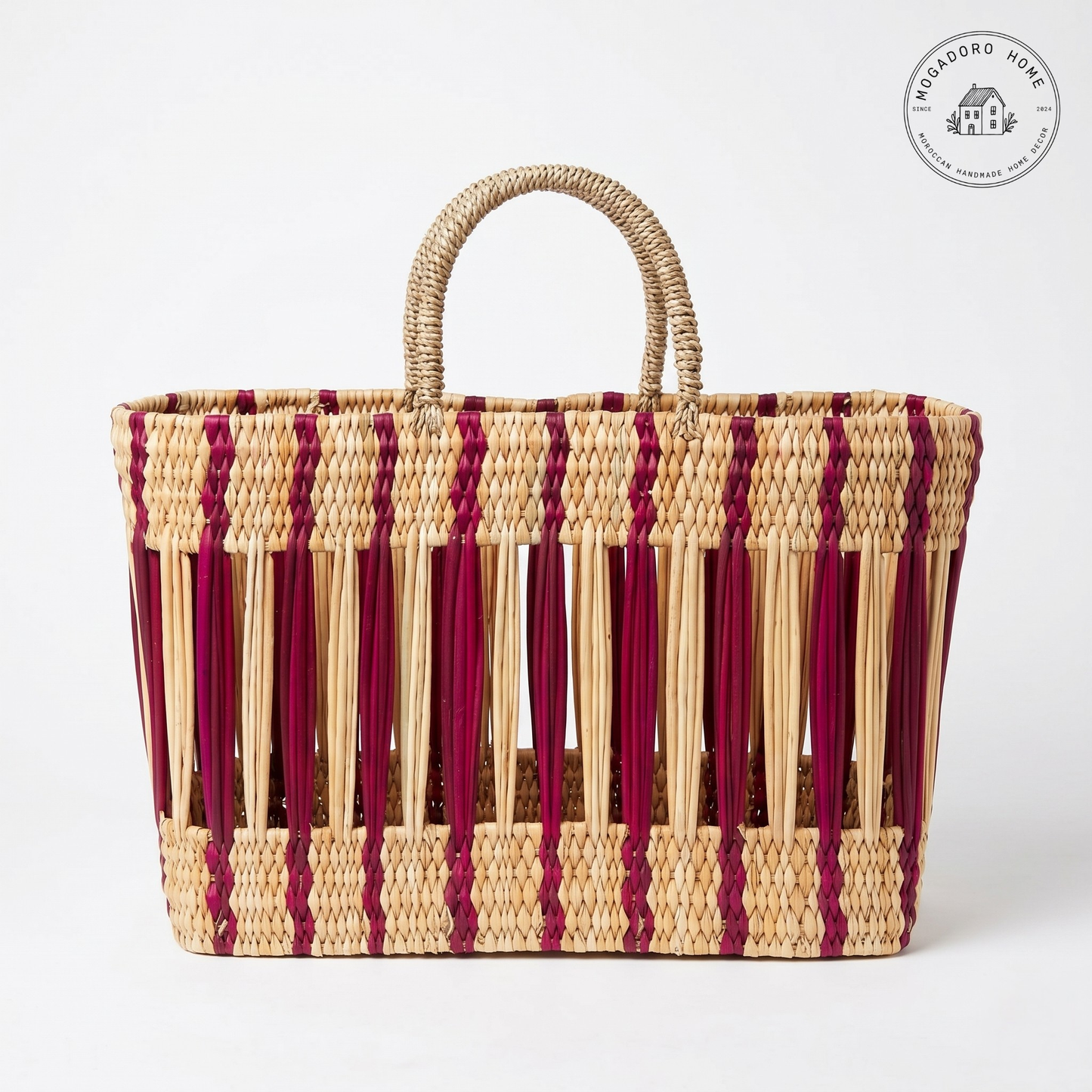 Colorful Striped Open Weave Rattan Market Basket
