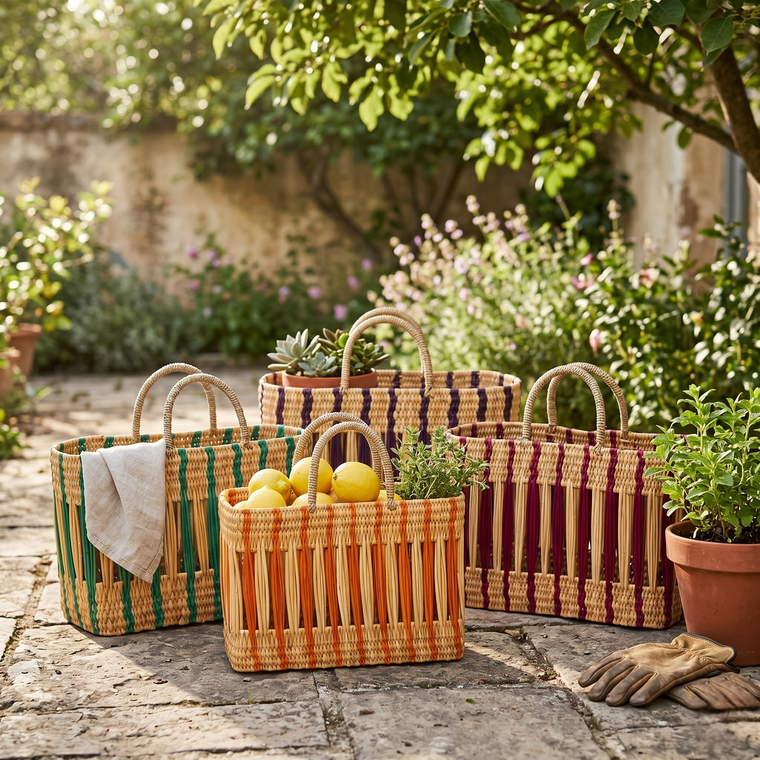 Colorful Striped Rattan Basket - Open Weave Market Tote
