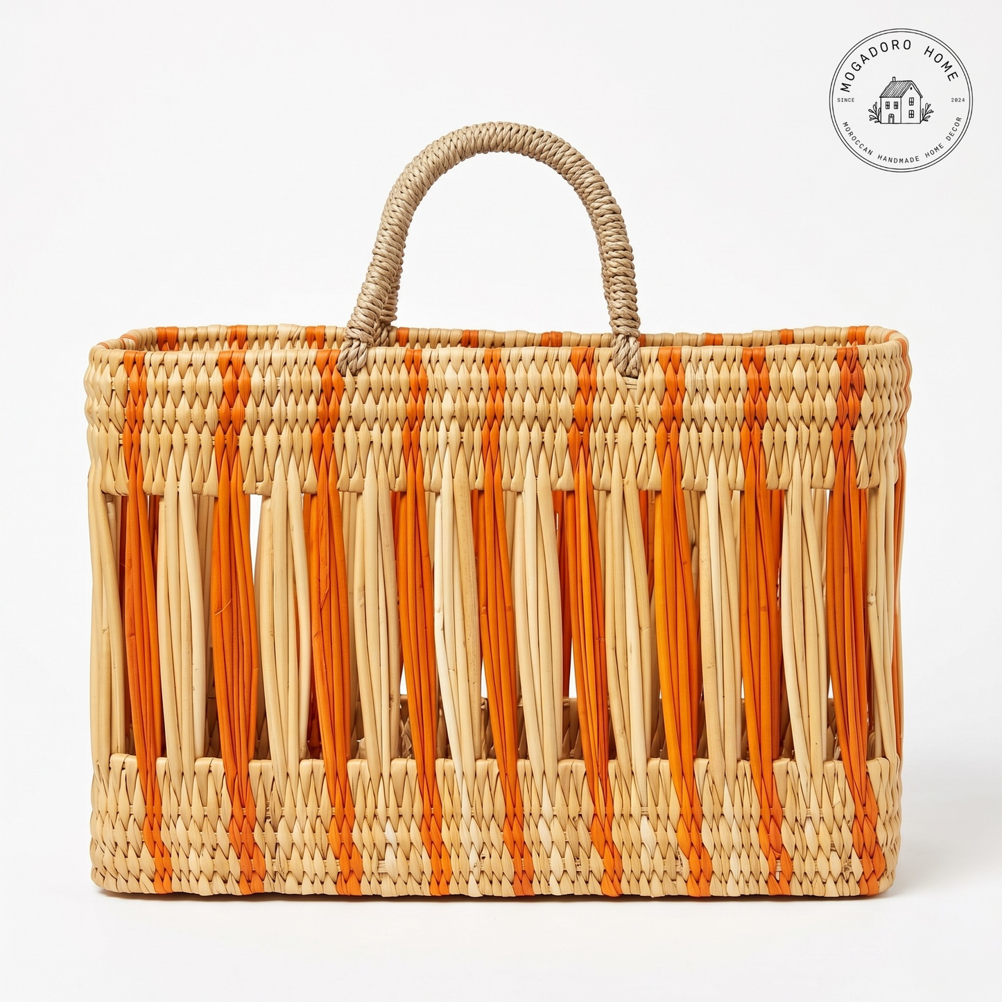 Colorful Striped Rattan Basket - Open Weave Market Tote