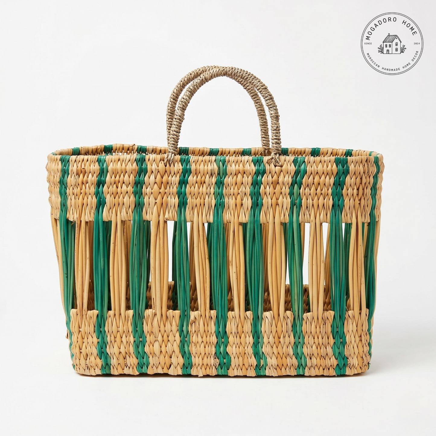 Colorful Striped Rattan Basket - Open Weave Market Tote