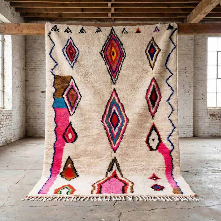 Colorful geometric-patterned rug in a room with exposed brick walls and wooden beams.