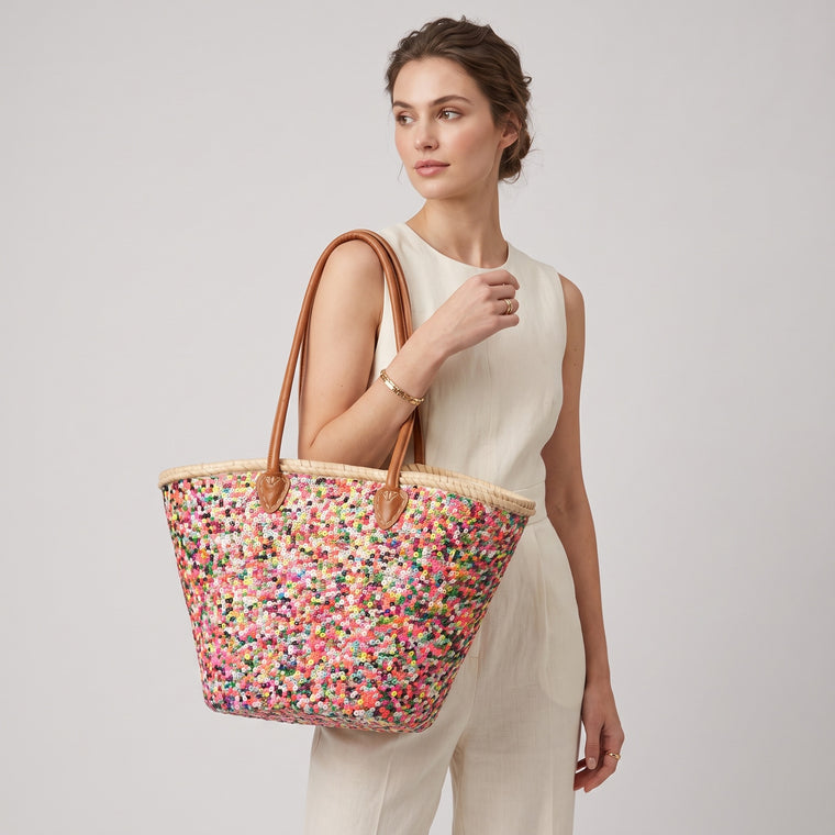 The Confetti Basket — Hand-Sequinned Moroccan Market Tote