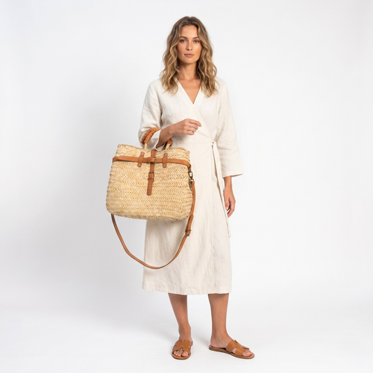 Handmade Moroccan Straw Bag - Woven Crossbody Beach Purse
