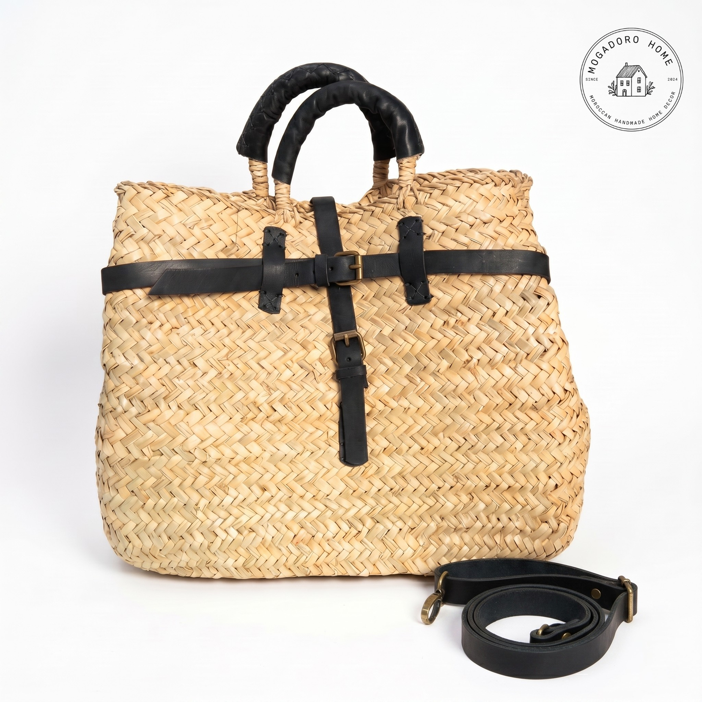 Handmade Moroccan Straw Bag with Leather Crossbody Straps