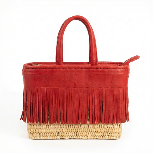 Red Leather Fringe Rattan Basket