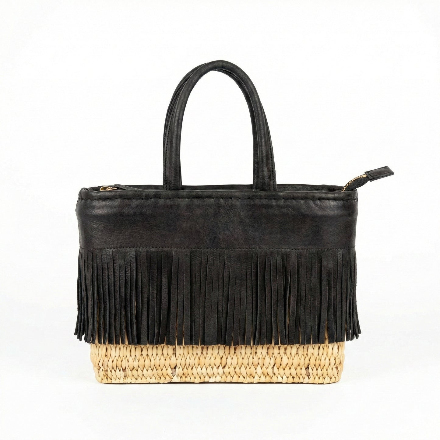 Black Leather Fringe Rattan Basket