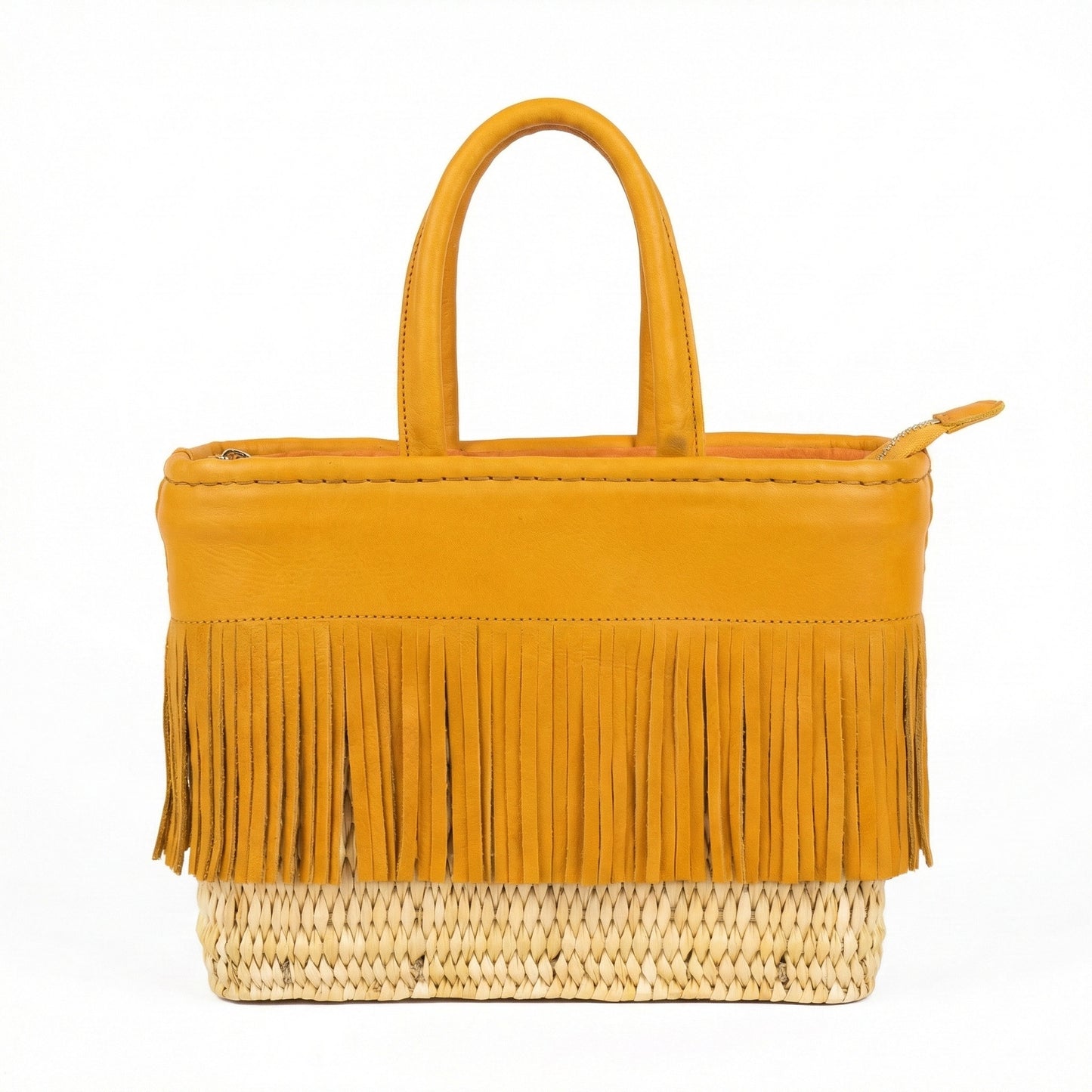 Yellow handbag with fringes on a white background