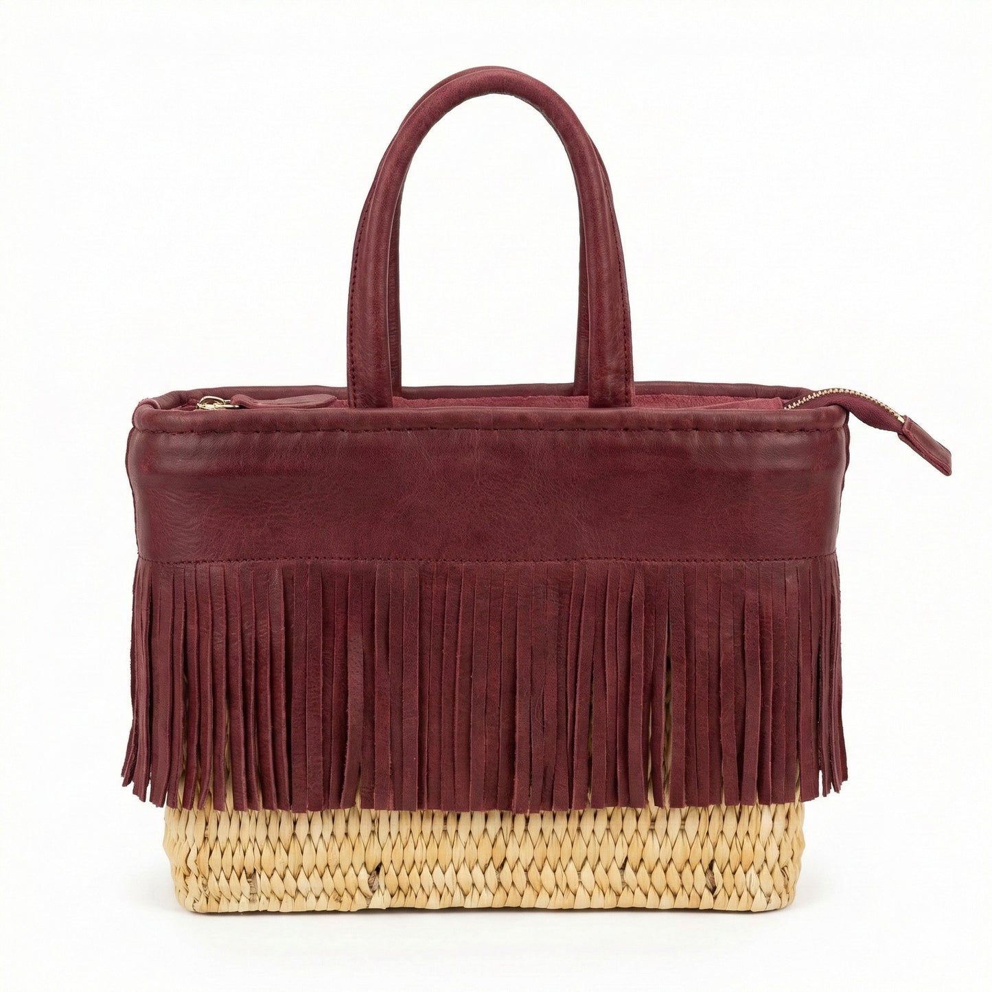 Brown handbag with fringes on a white background