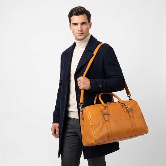Man holding a brown leather bag against a white background