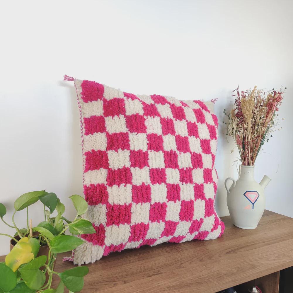 Moroccan Checkered Pillow Cover (Pink & White)