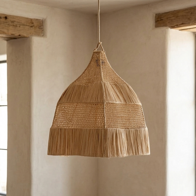 A natural woven rattan pendant light hangs from a ceiling in a rustic room with beige plaster walls, a wooden table, a mug, and a book.