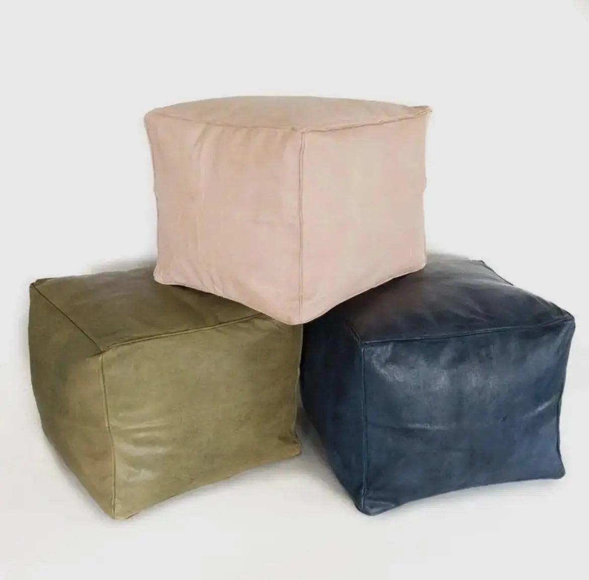 Handmade Leather Cube Footstool Boho Mogadoro