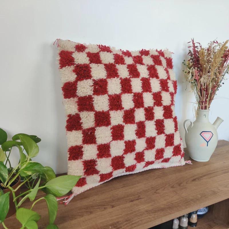 Moroccan Checkered Pillow Cover (Red & White)