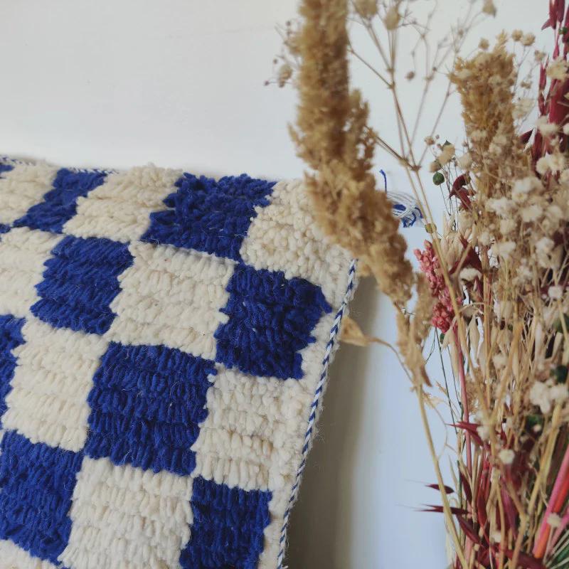 Moroccan Checkered Pillow Cover (Blue & White)