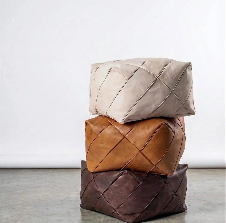 Square Moroccan Leather Pouf Ottoman Mogadoro