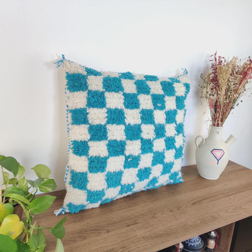 Moroccan Checkered Pillow Cover (Turquoise & White)