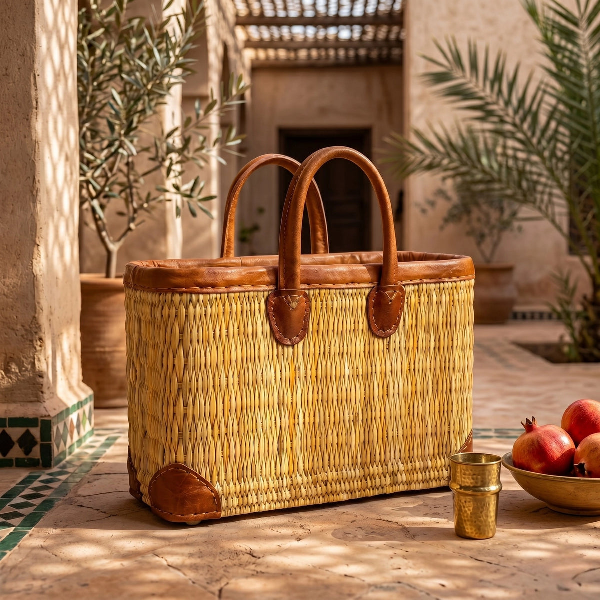 A large woven straw basket bag with brown leather handles and corner protectors, placed on a sunlit stone courtyard floor with plants and a bowl of pomegranates in the background.