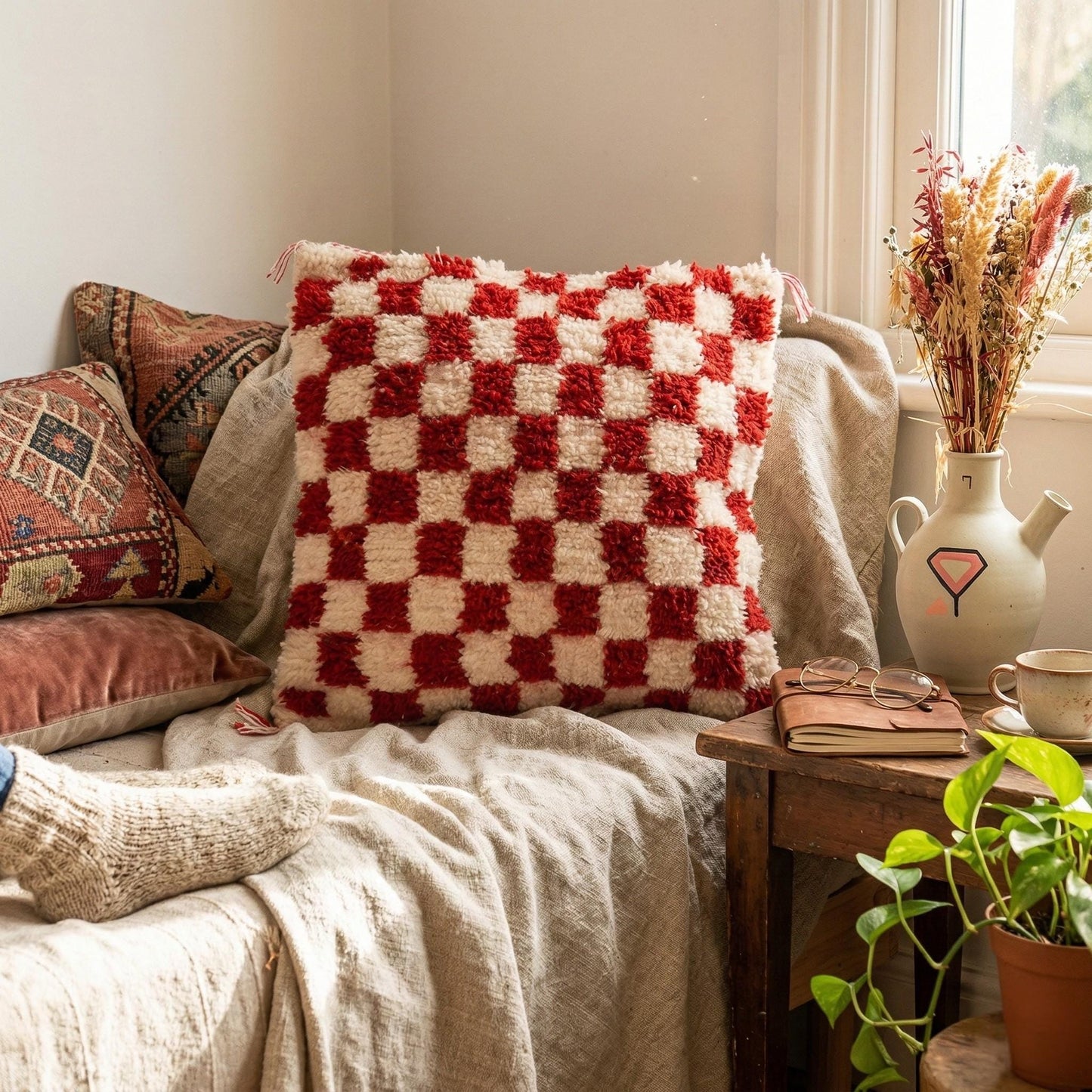 Moroccan Checkered Pillow Cover (Red & White)