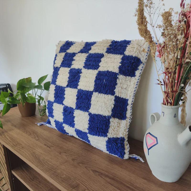 Moroccan Checkered Pillow Cover (Blue & White)