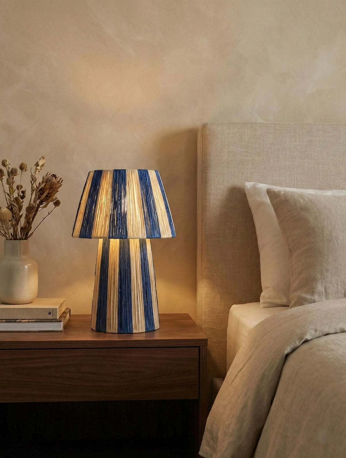 Striped raffia dome table lamp in green & blue, handwoven in Marrakech — Mogadoro