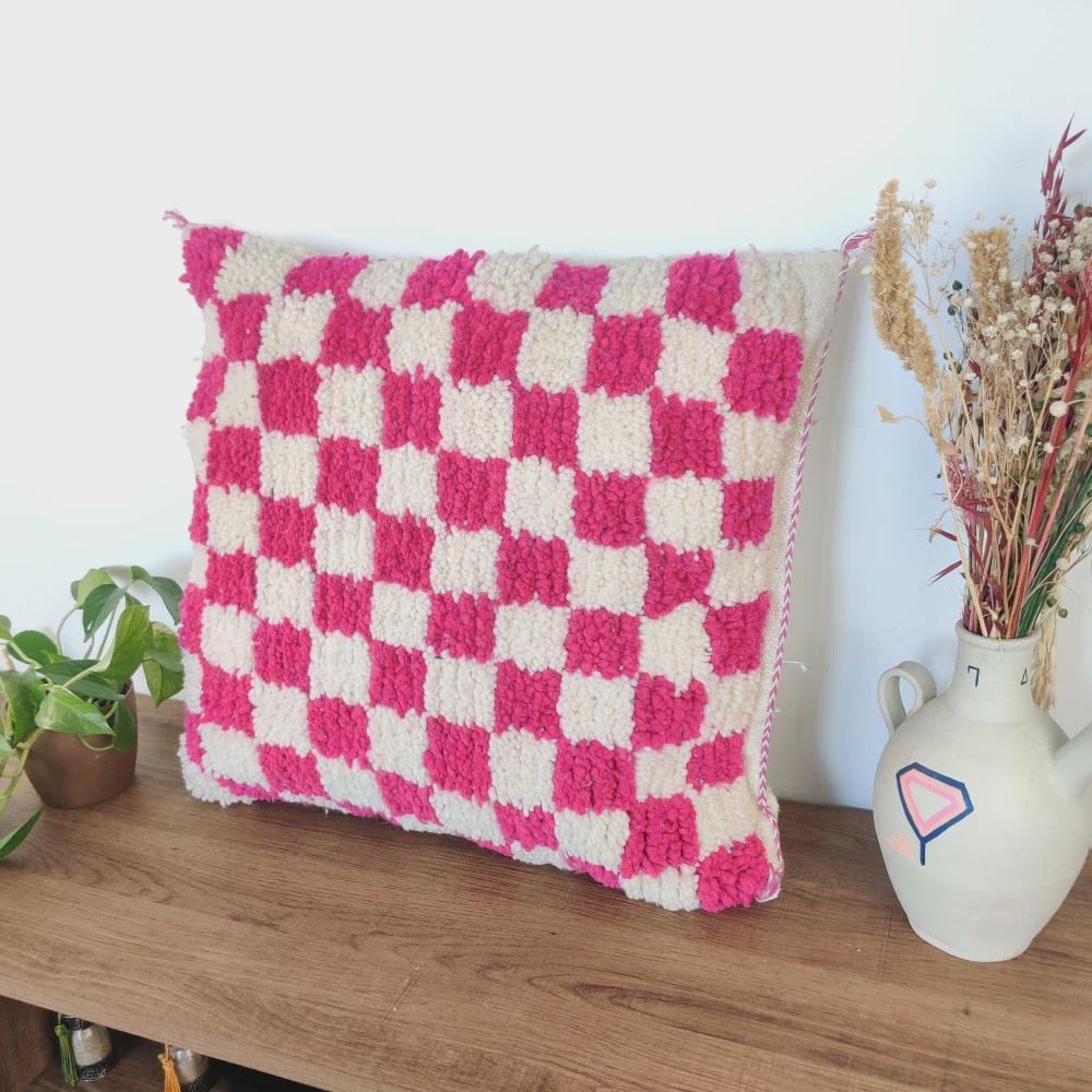 Moroccan Checkered Pillow Cover (Pink & White)