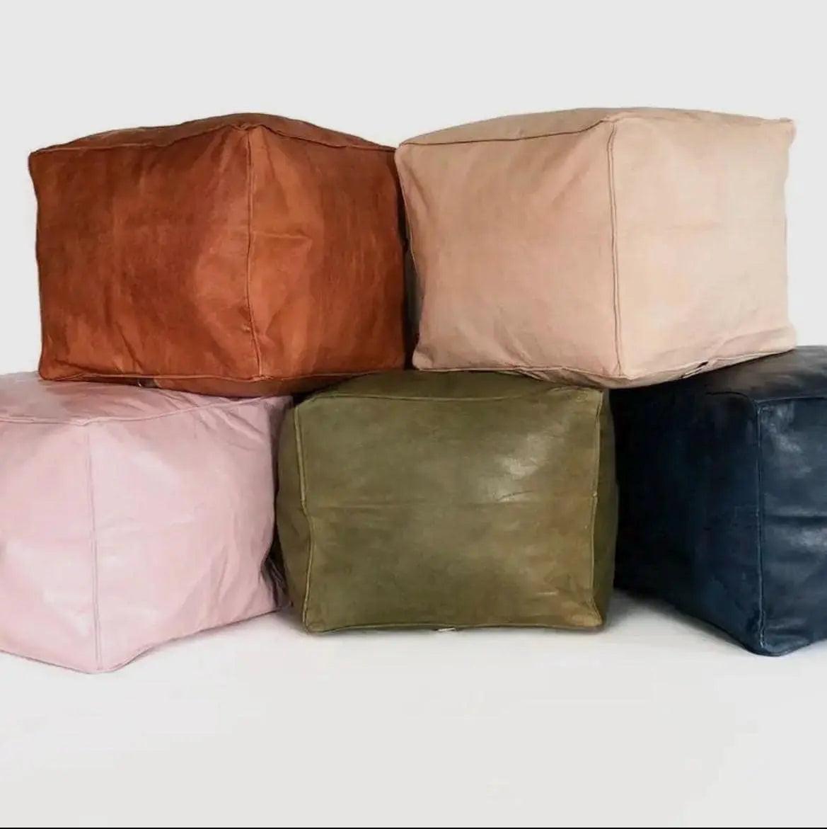 Handmade Leather Cube Footstool Boho Mogadoro