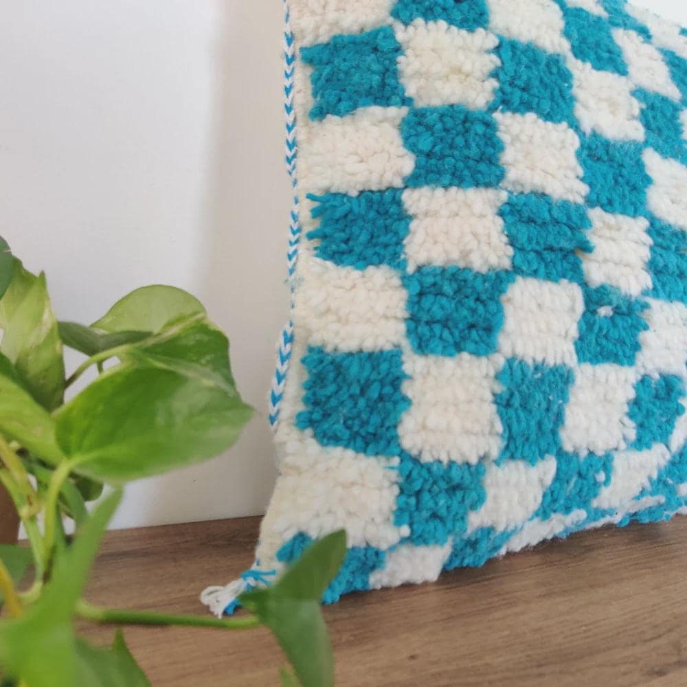 Moroccan Checkered Pillow Cover (Turquoise & White)
