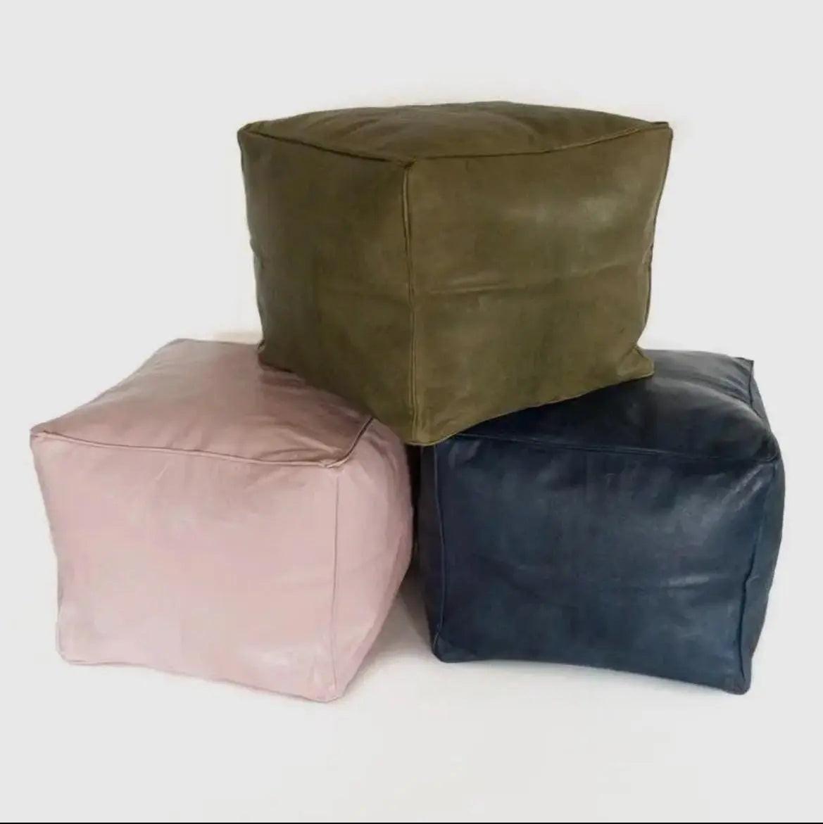 Handmade Leather Cube Footstool Boho Mogadoro