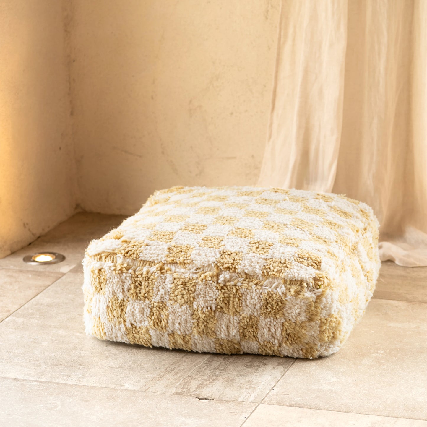 Checkered Wool Pouf - Square Moroccan Floor Cushion