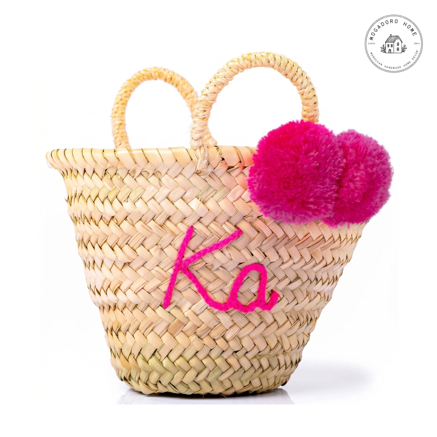 Personalized Mini Straw Basket with Pompoms